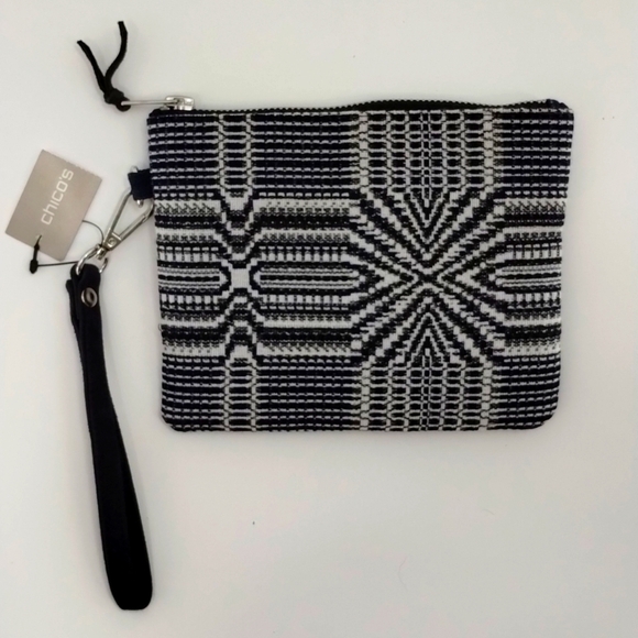 Chico's navy blue and white textured material wristlet, zip top 7" x 5.75" - Picture 1 of 8